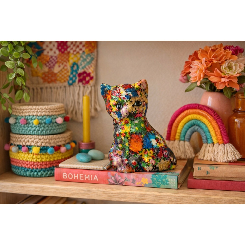 Vtg Patchwork Decoupage Cat Figurine‎ Multicolor Floral Gingham Folk Art
